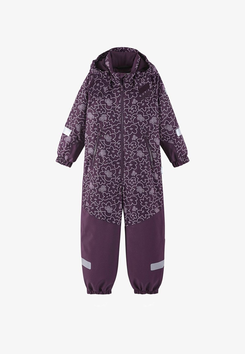 Fioletowy wodoodporny kombinezon z kwiatowym wzorem. Posiada zamek z przodu, elastyczne mankiety, odblaskowe akcenty i kaptur. Gładka tekstura.