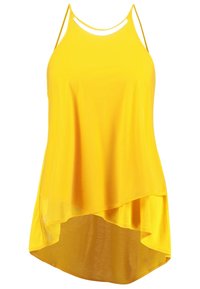 Haut jaune sans manches pour femmes avec fines bretelles et ourlet asymétrique plus long à l'arrière.