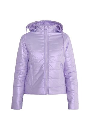 Violeta mīkstā jaka ar kapuci, aprīkota ar priekšējo rāvējslēdzēju, divām rāvējslēdzēja sānu kabatām un vieglu, spīdīgu apdari.