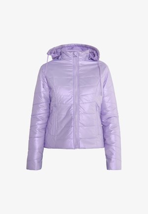 Jachetă violetă căptușită, cu glugă, dotată cu fermoar frontal, două buzunare laterale cu fermoar și un finisaj lucios, ușor.