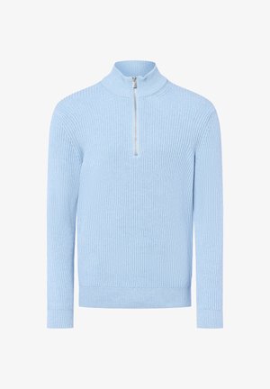 Hellblauer, gerippter Strickpullover mit hohem Kragen und Reißverschluss vorne. Mit langen Ärmeln und strukturiertem Stoff.