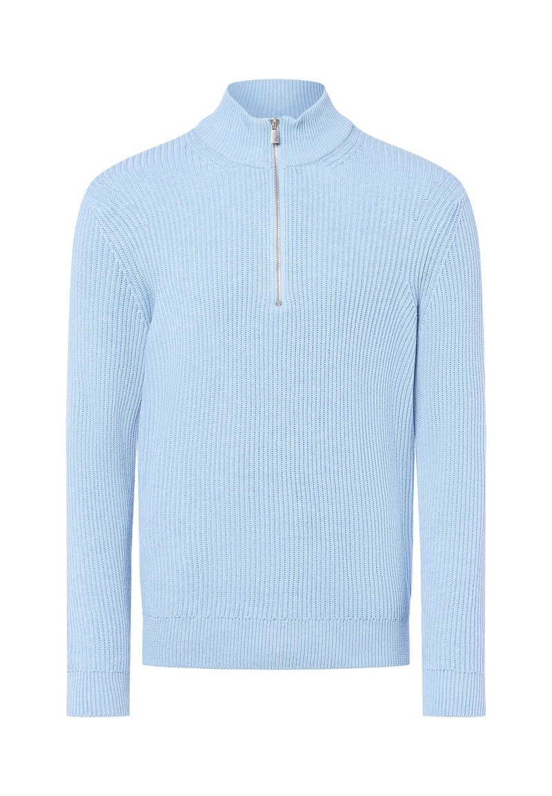 Hellblauer, gerippter Strickpullover mit hohem Kragen und Reißverschluss vorne. Mit langen Ärmeln und strukturiertem Stoff.