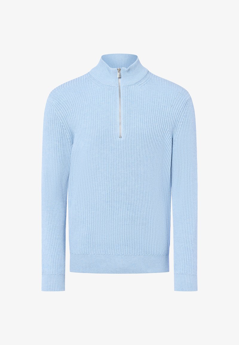 Pull-over en tricot côtelé bleu clair avec col montant et fermeture éclair sur le devant. Il possède des manches longues et un tissu texturé.