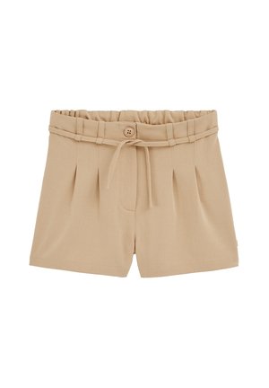 Beige Shorts mit plissiertem Design, elastischem Bund, verstellbarem Bindegürtel und einer einzelnen Knopfleiste vorne.