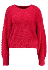 Czerwony krótki sweter o puszystej teksturze, z długimi rękawami i okrągłym dekoltem. Charakteryzuje się luźnym krojem i prążkowanym ściągaczem w talii.