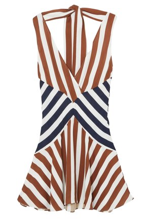 Robe sans manches à col en V avec ourlet évasé, comportant des rayures verticales marron et blanches et des rayures diagonales bleu marine et blanches à la taille, détail de nœud dans le dos.