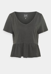 Tmavě šedý krátký rukáv peplum top z měkké bavlny s výstřihem do V. Obsahuje nařasený pas a jemné švy.