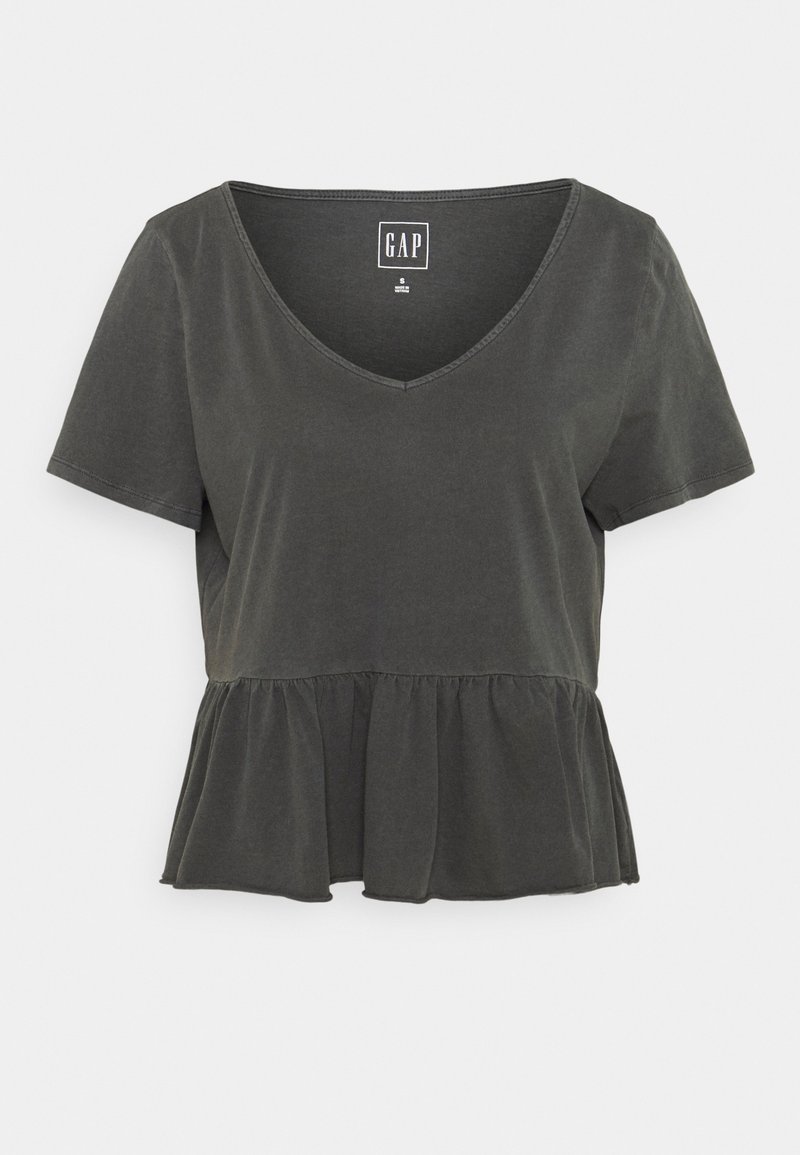 Tmavě šedý krátký rukáv peplum top z měkké bavlny s výstřihem do V. Obsahuje nařasený pas a jemné švy.