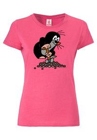 Pink cotton t-shirt featuring a cartoon mole character using a shovel, with black and white accents and a playful design on the front.