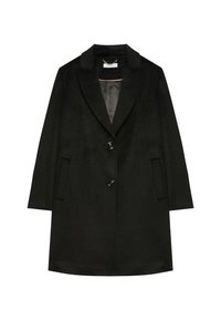 Abrigo negro con cuello solapa, dos bolsillos frontales, tres botones grandes y una textura suave con un sutil patrón de forro en el interior.