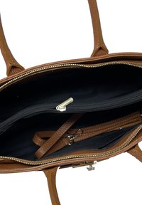 Brązowa torebka z ekoskóry z złotym suwakiem, dwiema rączkami i czarnym wnętrzem. Posiada wewnętrzną kieszeń na zamek oraz odczepiany pasek.
