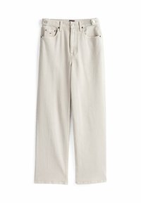 Beige denim broeken met een recht gesneden ontwerp, twee voorzakken en een knoopsluiting. Subtiele stikseldetails langs de naden.