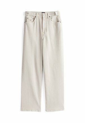 Beżowe dżinsowe spodnie o prostym kroju, z dwoma przednimi kieszeniami i zapięciem na guzik. Subtelne detale szwów wzdłuż szwów.