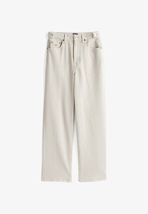 Beżowe dżinsowe spodnie o prostym kroju, z dwoma przednimi kieszeniami i zapięciem na guzik. Subtelne detale szwów wzdłuż szwów.