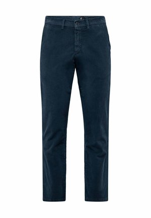 Donkerblauwe corduroy broek met een recht model, sluiting met voorste knoop en zijzakken van textuurstof.