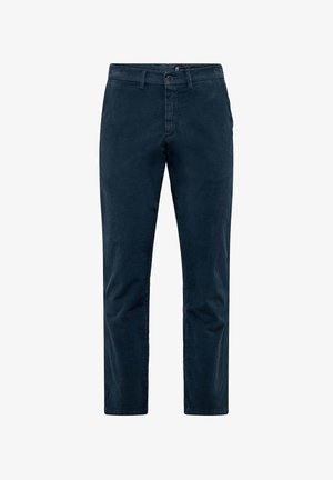 Pantaloni in corduroy blu scuro con design a gamba dritta, chiusura frontale con bottone e tasche laterali in tessuto testurizzato.