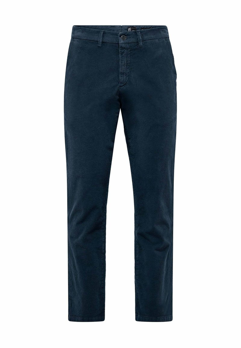 Pantaloni in corduroy blu scuro con design a gamba dritta, chiusura frontale con bottone e tasche laterali in tessuto testurizzato.