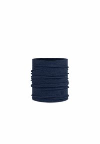 Navy blue neck gaiter made of soft, stretchy fabric, featuring a ruched texture and seamless design for versatility. No visible logos.