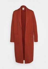 Langer, offener Cardigan in Rostfarbe, aus weichem Stoff gefertigt. Verfügt über zwei Fronttaschen und ein schlichtes Kragenedesign.