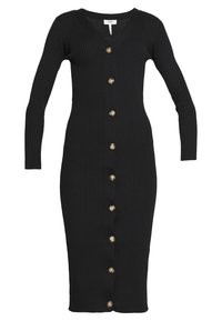 Schwarzes, geripptes Strickkleid mit langen Ärmeln, V-Ausschnitt und goldenen Knöpfen, die entlang der Vorderseite verlaufen. Figurbetonte Silhouette in Midi-Länge.