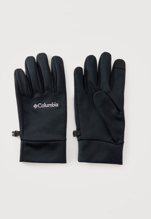 Coppia di guanti neri Columbia con una piccola clip, un guanto mostra il logo del marchio e l'altro ha una punta compatibile con touchscreen.