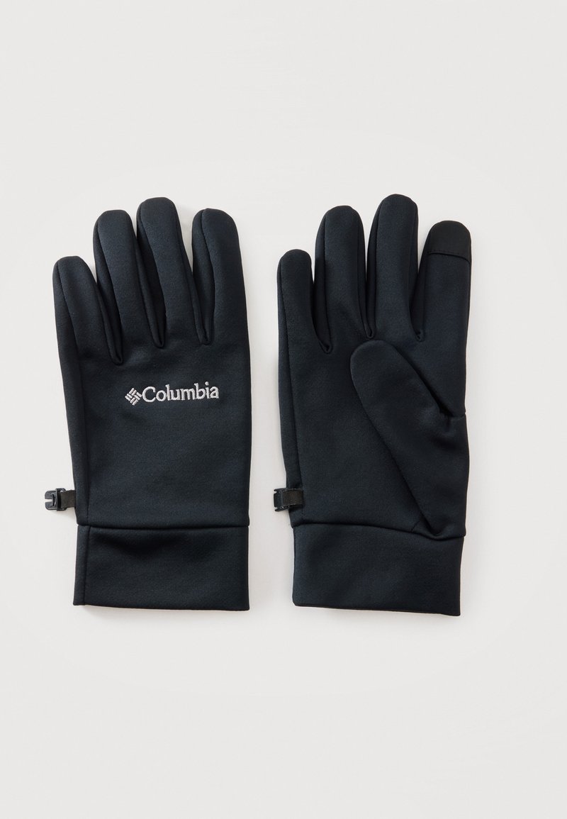 Двойка черни ръкавици Columbia с малък клипс, една ръкавица показва логото на марката, а другата има върха на пръста, съвместим с тъчскрийн.
