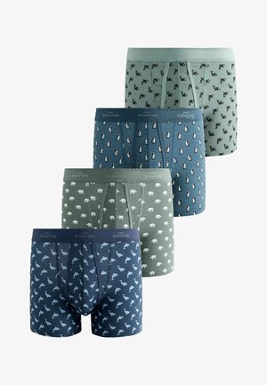 Fem par herreboxershorts i forskellige farver med legesyge mønstre: delfiner, pingviner og isbjørne; alle har elastiske linninger med mærkelogo.