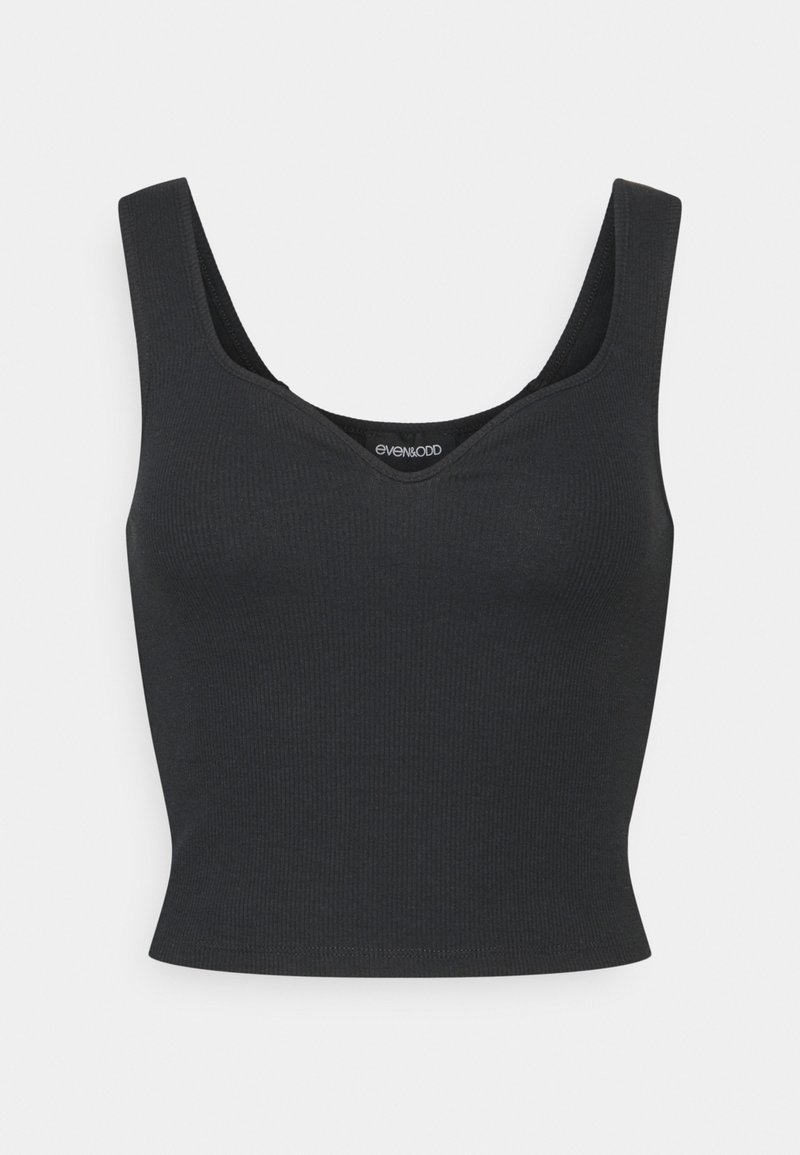 Crop top noir côtelé sans manches avec larges bretelles et encolure dégagée, étiqueté Even&Odd.