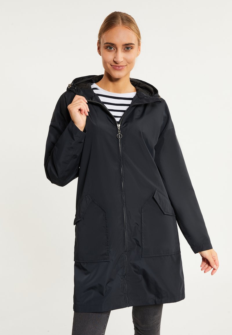 Schwarze wasserdichte Parka mit einem Reißverschluss auf der Vorderseite, zwei großen Taschen und einer Kapuze. Bietet eine glatte Textur und eine lockere Passform.