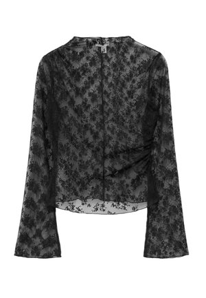 Black lace long-sleeve top featuring a floral pattern, sheer texture, and a relaxed fit with a rounded neckline and bell sleeves.
