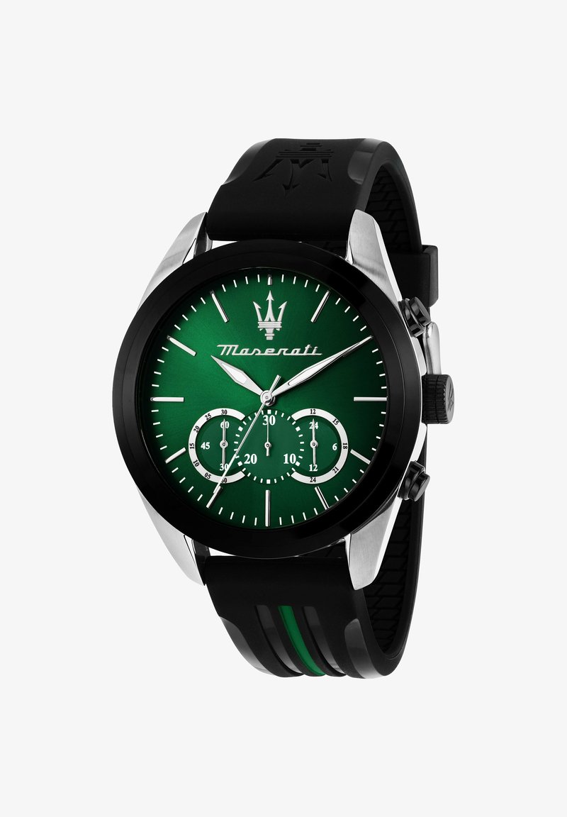 Groene wijzerplaathorloge met roestvrijstalen accenten, zwarte kast en rubberen band met groene strepen; bevat sub-wijzerplaten voor de tijd.