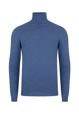 Niebieski sweter z golfem wykonany z miękkiej dzianiny. Posiada długie rękawy, dopasowany krój oraz prążkowane akcenty na mankietach i u dołu.