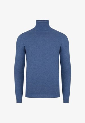 Niebieski sweter z golfem wykonany z miękkiej dzianiny. Posiada długie rękawy, dopasowany krój oraz prążkowane akcenty na mankietach i u dołu.