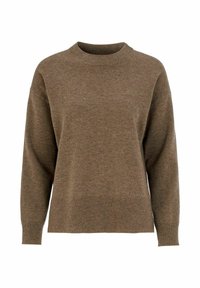 Brun stickad tröja med rund halsringning och långa ärmar. Mjuk textur, avslappnad passform och ribbade detaljer vid kragen och fållen.