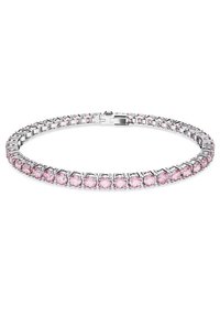 Pulsera de plata con piedras preciosas rosas redondas dispuestas en un diseño enlazado. Las piedras están espaciadas uniformemente y cuenta con un cierre seguro.