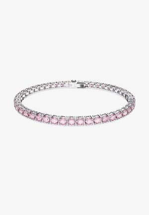 Bracelet en argent avec des pierres précieuses roses rondes disposées en un design lié. Les pierres sont espacées de manière uniforme et le bracelet possède un fermoir sécurisé.