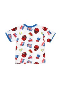 White children's T-shirt with blue collar and sleeves featuring red Spider-Man masks, comic-style words, and colorful lightning bolt graphics.