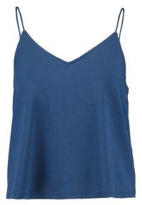 Sininen V-neuleinen hihaton paita, jossa on ohuet säädettävät hihat, valmistettu sileästä kankaasta. Ominaisuuksiin kuuluu rento istuvuus ja suora helma alaosassa.