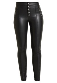 Pantalon en simili cuir noir taille haute, avec une fermeture à cinq boutons, deux poches zippées et une coupe slim.
