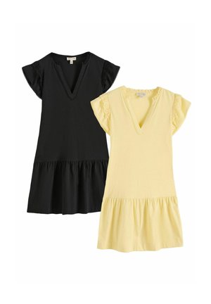 En sort og en gul afslappet kortærmet kjole med V-hals og flæsekant, med blonde detaljer på ærmerne.