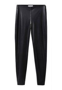 Pantalon slim en similicuir noir à taille haute avec texture lisse, présenté à plat sur fond blanc.