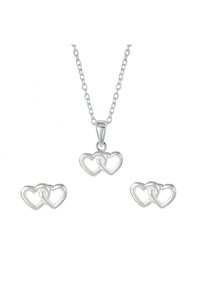 Silber-Schmuckset mit einem Anhänger und passenden Ohrringen. Der Anhänger zeigt zwei ineinandergreifende Herzen; die Ohrringe sind kleine, passende Herzdesigns.