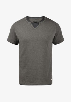 Men's short-sleeve t-shirt in dark gray, featuring a v-neck design, soft cotton blend material, and a small logo at the hem.