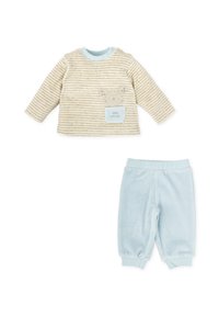 Camisa de manga larga a rayas en beige y crema con un bolsillo gráfico de ratón; combinada con pantalones de terciopelo azul claro con puños y cintura elásticos.