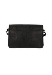 Borsa nera in pelle sintetica con texture a coccodrillo, forma rettangolare, chiusura a patta e due cinturini laterali per versatilità.