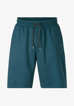 Türkise Sportshorts aus weichem Material, mit einem elastischen Bund und einem Kordelzug, sowie einem bedruckten Logo an der Seite.