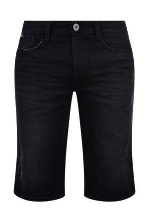 Shorts neri in denim con taglio dritto, dotati di cinque tasche, chiusura con bottone metallico e sottili dettagli sfilacciati. Tessuto liscio.