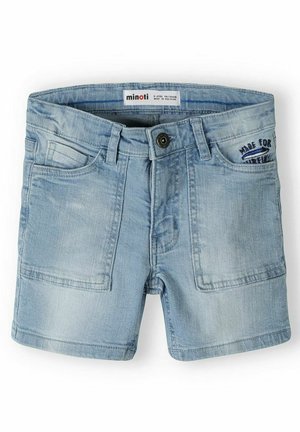 Shorts in denim bluastro con taglio dritto, dotati di due tasche anteriori, una cucitura decorativa e una chiusura con bottone in vita.