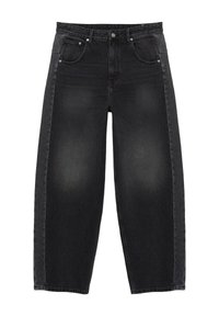 Black faded wide-leg jeans with five pockets, button and zipper closure, and belt loops, displayed flat on white background.