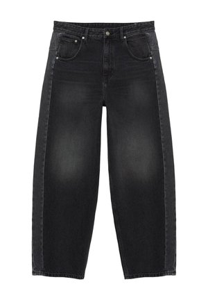 Čierne vyblednuté džínsy s širokými nohavicami, piatimi vreckami, zapínaním na gombík a zips a pútkami na opasok, zobrazené na bielom pozadí.